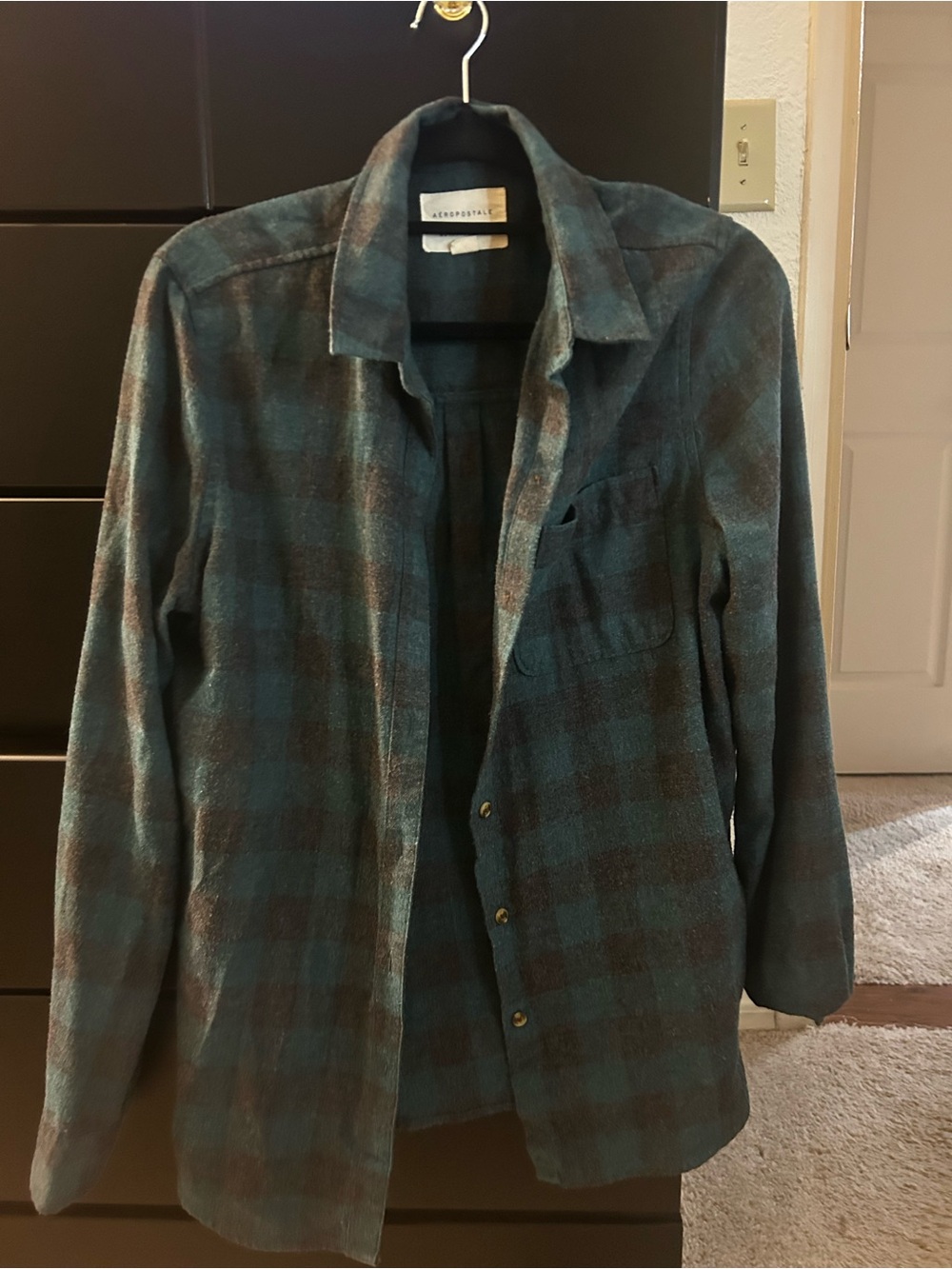 Aeropostale Women’s Teal and Gray/Black Plaid Flannel